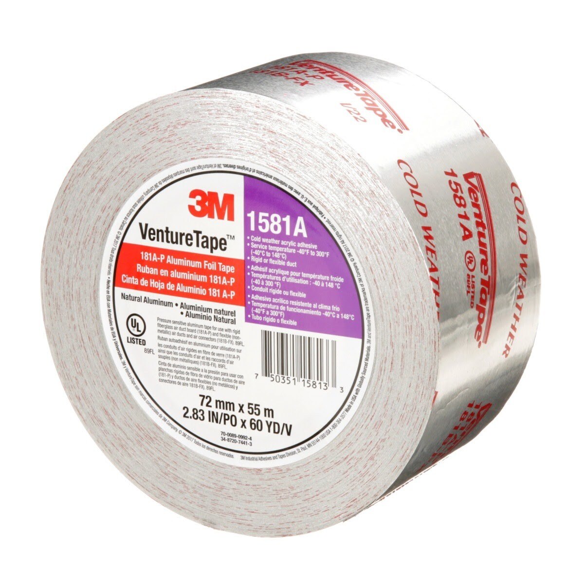 3M UL181A-P 1581A Venture Tape Aluminum Foil Tape, Silver, 72 mm x 55 m, 2 mil (7100043929) (16 Pack) - 2