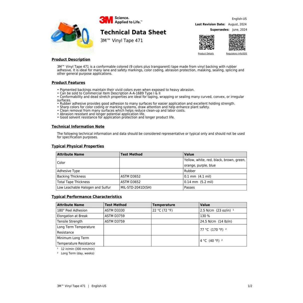 3M 471 Vinyl Tape, Blue, 1/2 in x 36 yd, 5.2 mil (36408) (7100044170) (72 Pack) - 9