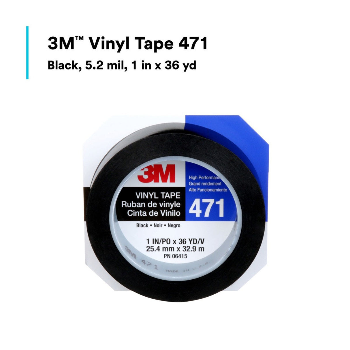 3M 471 Vinyl Tape, Black, 1 in x 36 yd, 5.2 mil (6415) (7100044640) (36 Pack) - 5