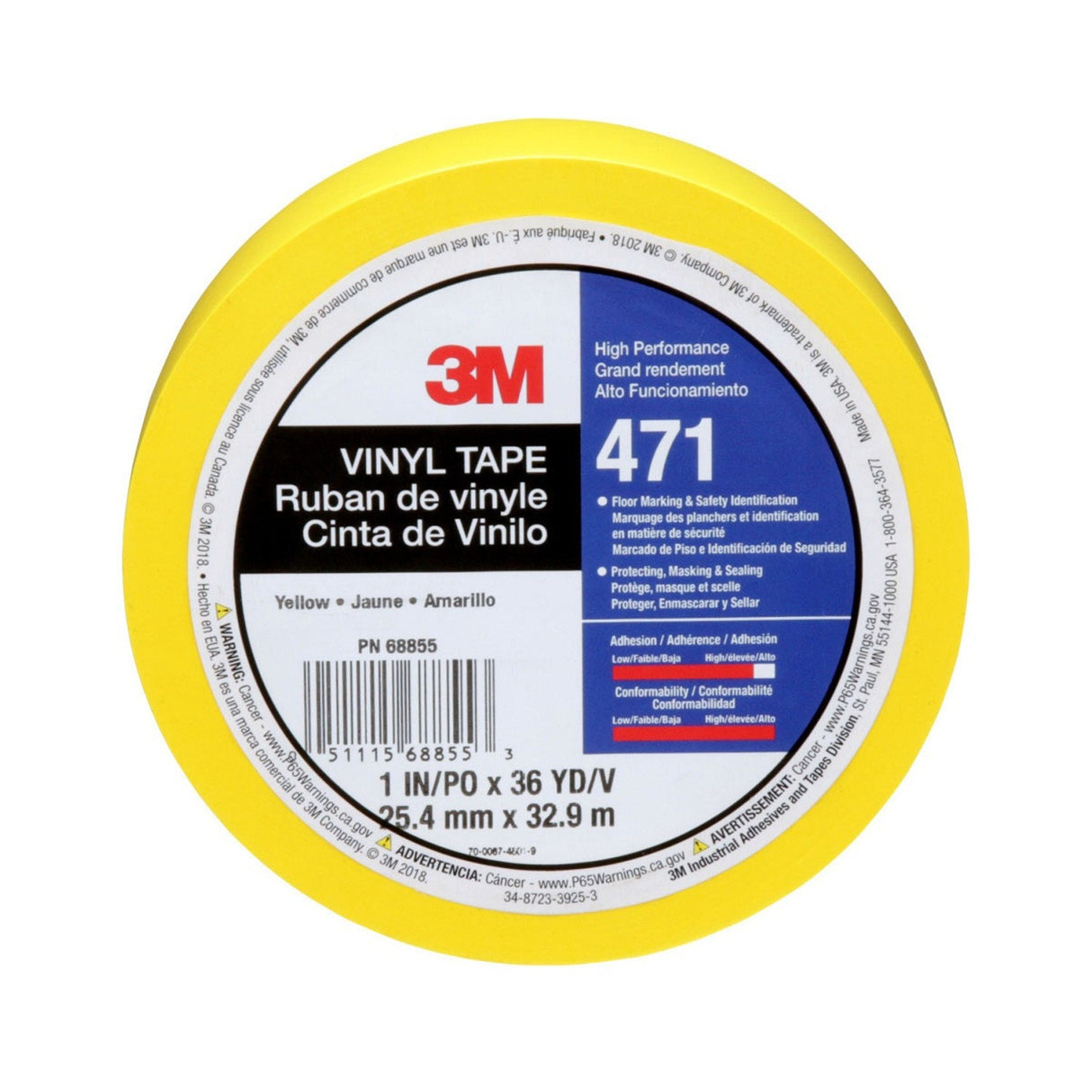 3M 471 Vinyl Tape, Yellow, 1 in x 36 yd, 5.2 mil, Roll (471 IW) (7100044642) (36 Pack) - 2