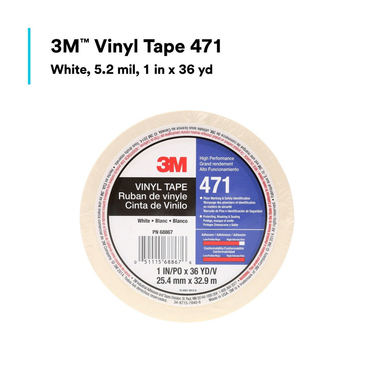 3M 471 Vinyl Tape, White, 5.2 mil, 1 in x 36 yd Roll (471 IW) (7100044644) (36 Pack) - 10