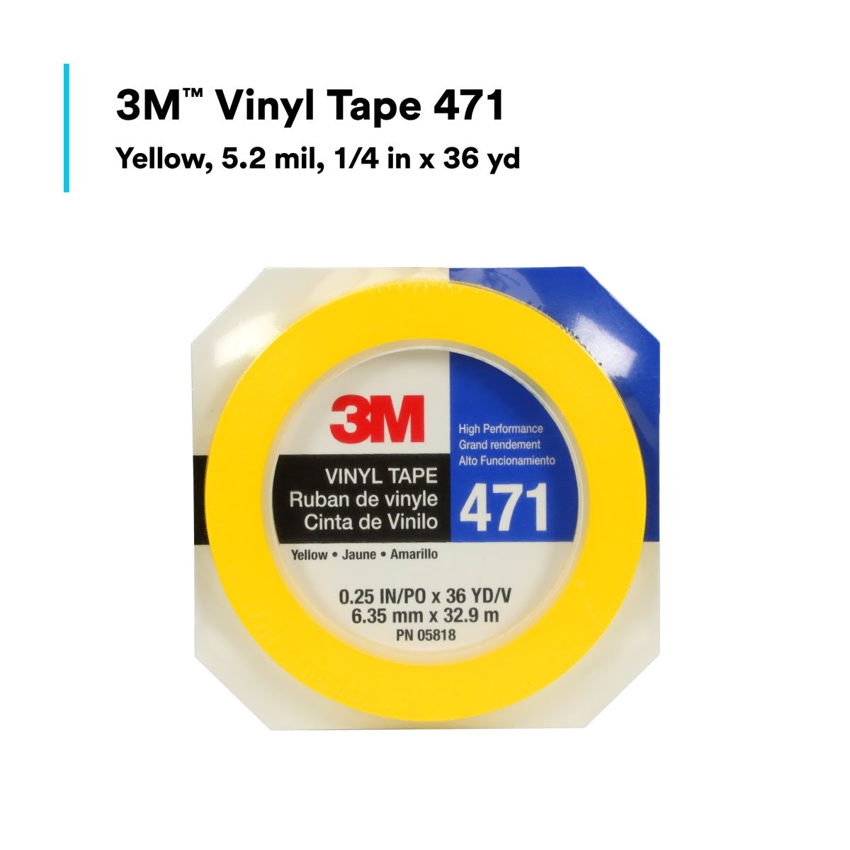 3M 471 Vinyl Tape, Yellow, 1/4 in x 36 yd, 5.2 mil Roll (7100044645) (144Pack) - 2