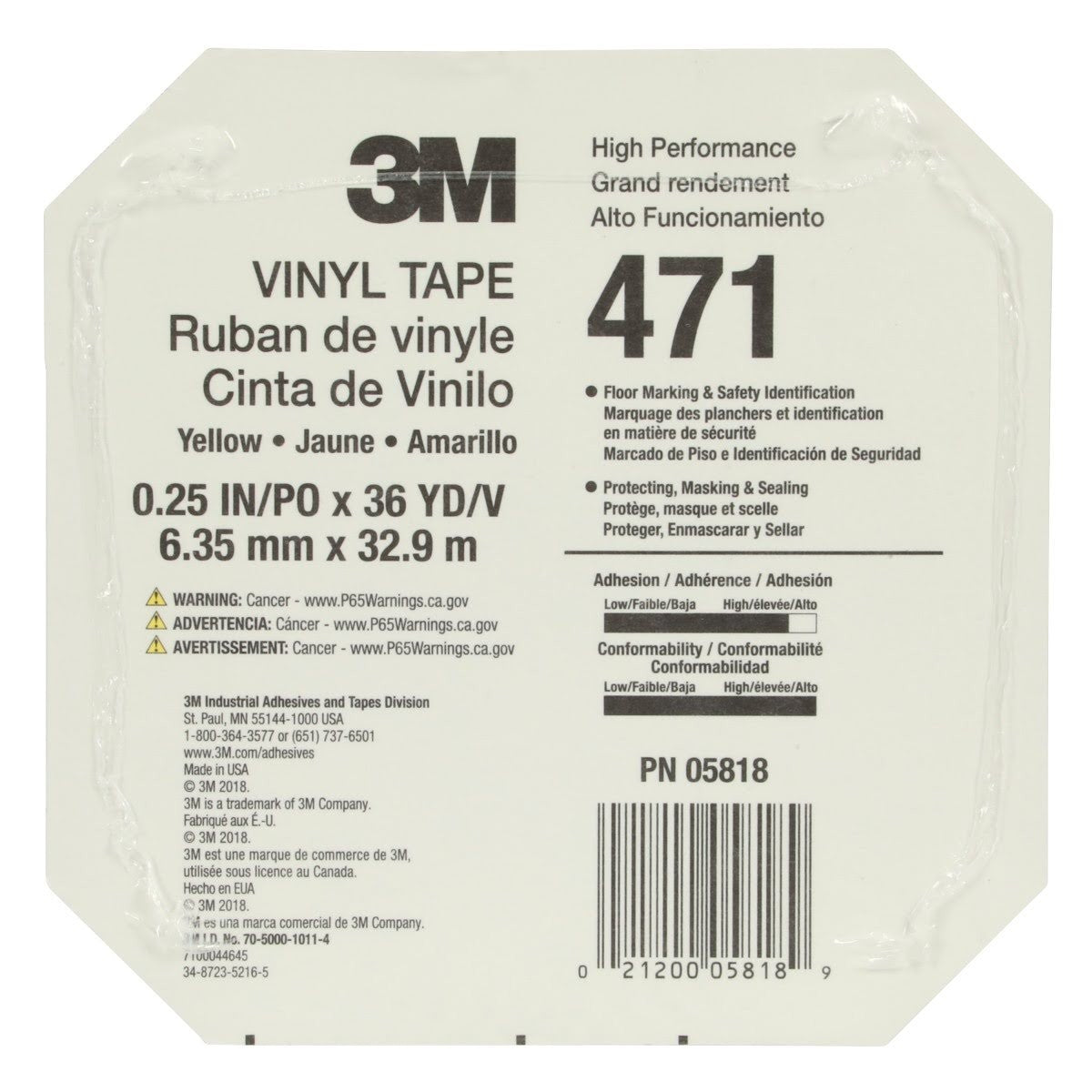 3M 471 Vinyl Tape, Yellow, 1/4 in x 36 yd, 5.2 mil Roll (7100044645) (144Pack) - 3