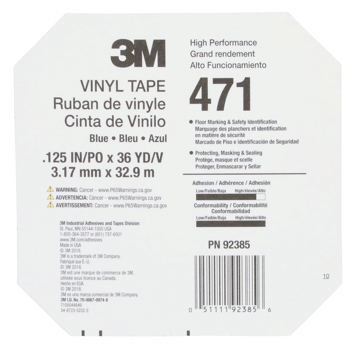 3M 471 Vinyl Tape, Blue, 1/8 in x 36 yd, 5.2 mil (36405) (7100044649) (12 Pack) - 10