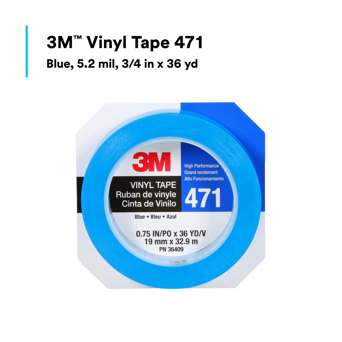 3M 471 Vinyl Tape, Blue, 3/4 in x 36 yd, 5.2 mil (7100044653) (48 Pack) - 7