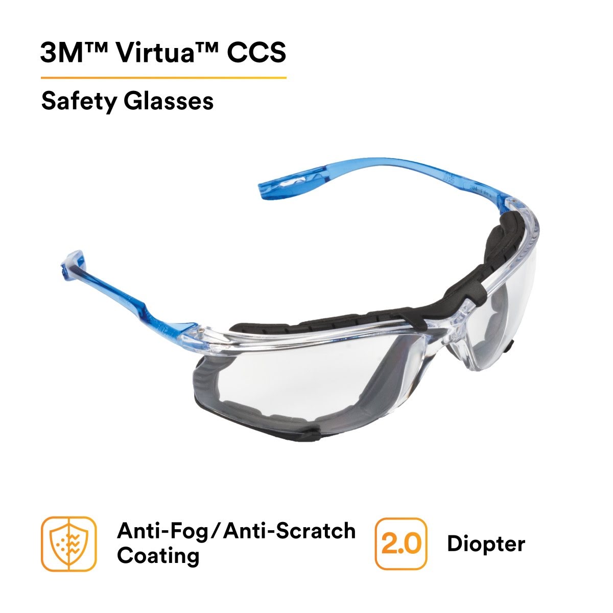 3M VC220AF Virtua Safety Glasses with Readers 2.0 Diopter Anti Fog Anti Scratch Clear Lens Light Blue Temples Removable Foam Gasket Cord Control System (7100046672) (20 Pack) - 9