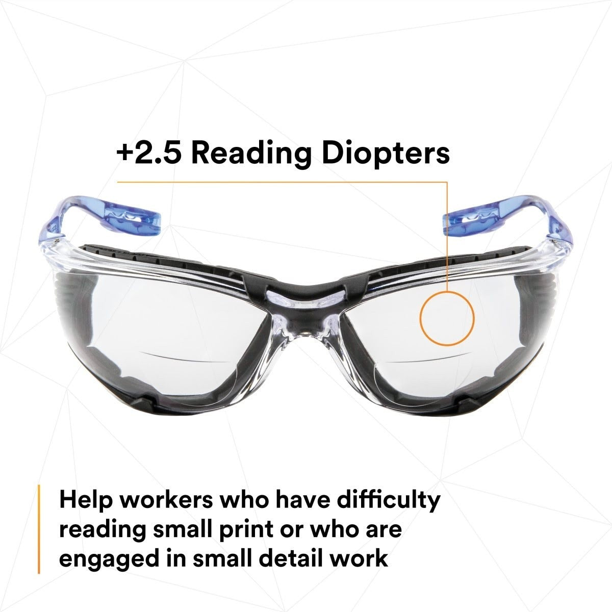 3M VC225AF Virtua CCS Safety Glasses with Readers 2.5 Diopter, ANSI Z87, Anti-Fog, Clear Lens, Blue Temples, Removable Foam Gasket (7100046673) (20 Pack) - 7