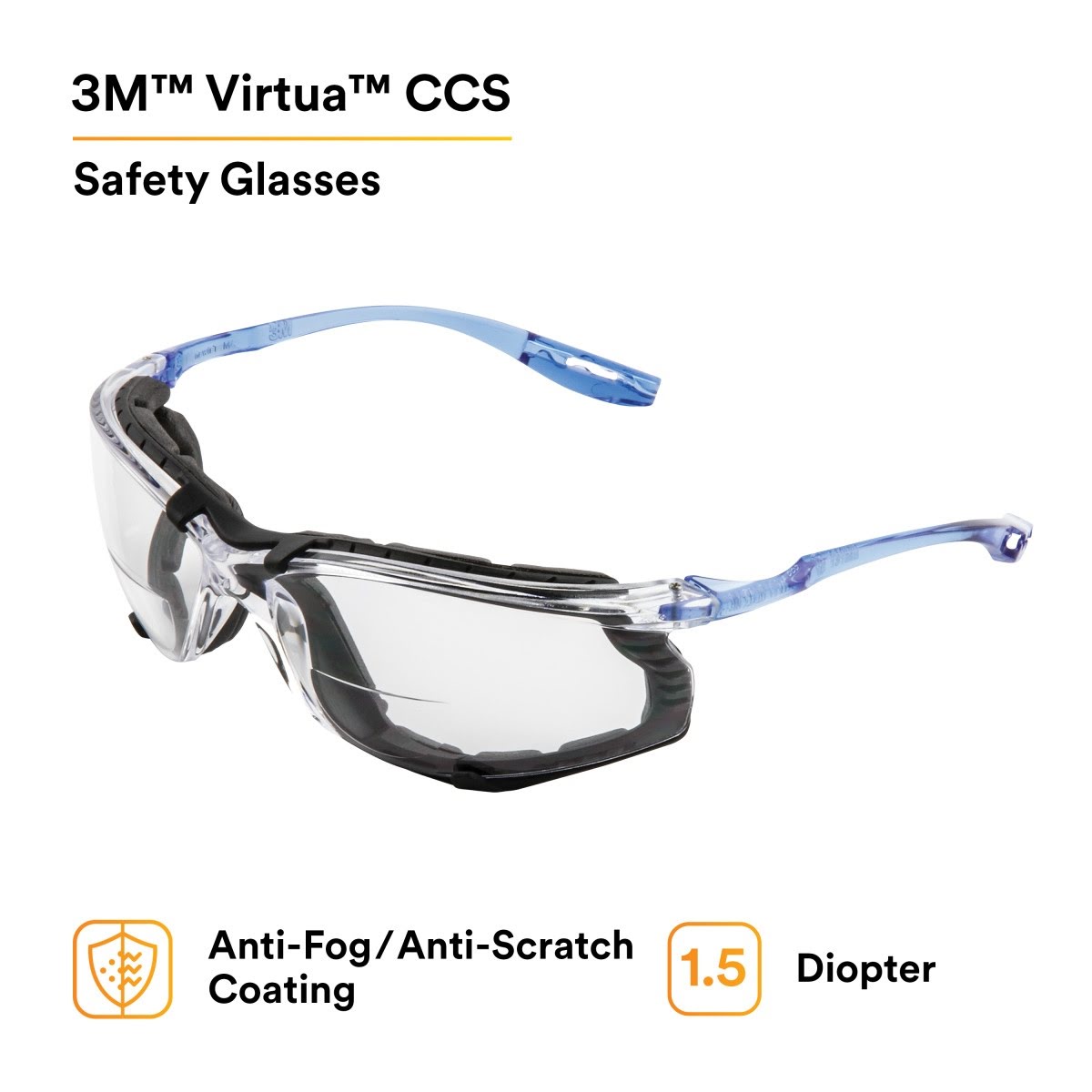 3M VC215AF Virtua CCS Safety Glasses with Readers, +1.5 Diopter, Anti Fog Anti Scratch, Clear Lens, Blue Temples, Removable Foam Gasket (7100046796) (20 Pack) - 8