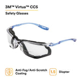 3M VC215AF Virtua CCS Safety Glasses with Readers, +1.5 Diopter, Anti Fog Anti Scratch, Clear Lens, Blue Temples, Removable Foam Gasket (7100046796) (20 Pack) - 8