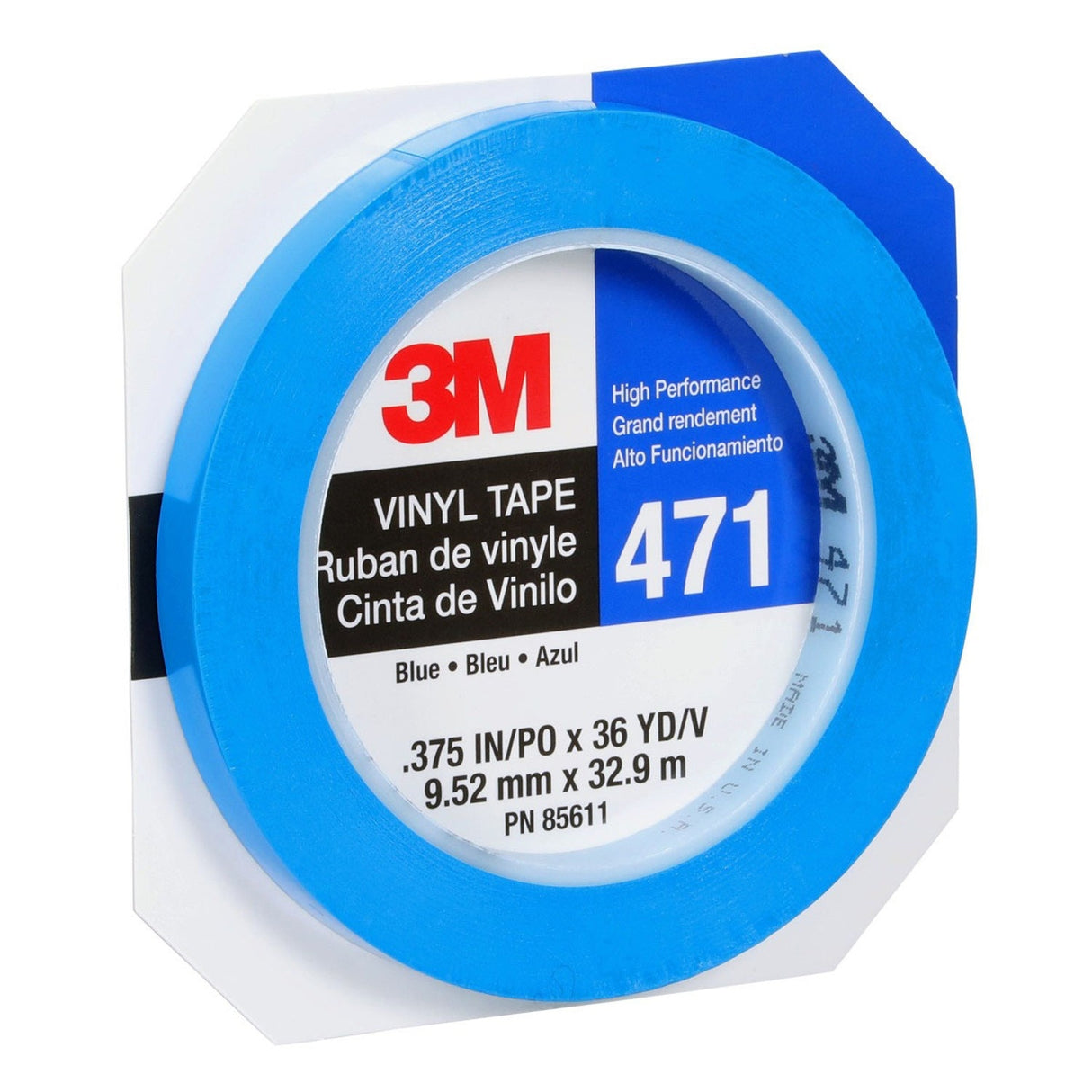 3M 471 Vinyl Tape, Blue, 3/8 in x 36 yd, 5.2 mil (85611) (7100049359) (96 Pack) - 7
