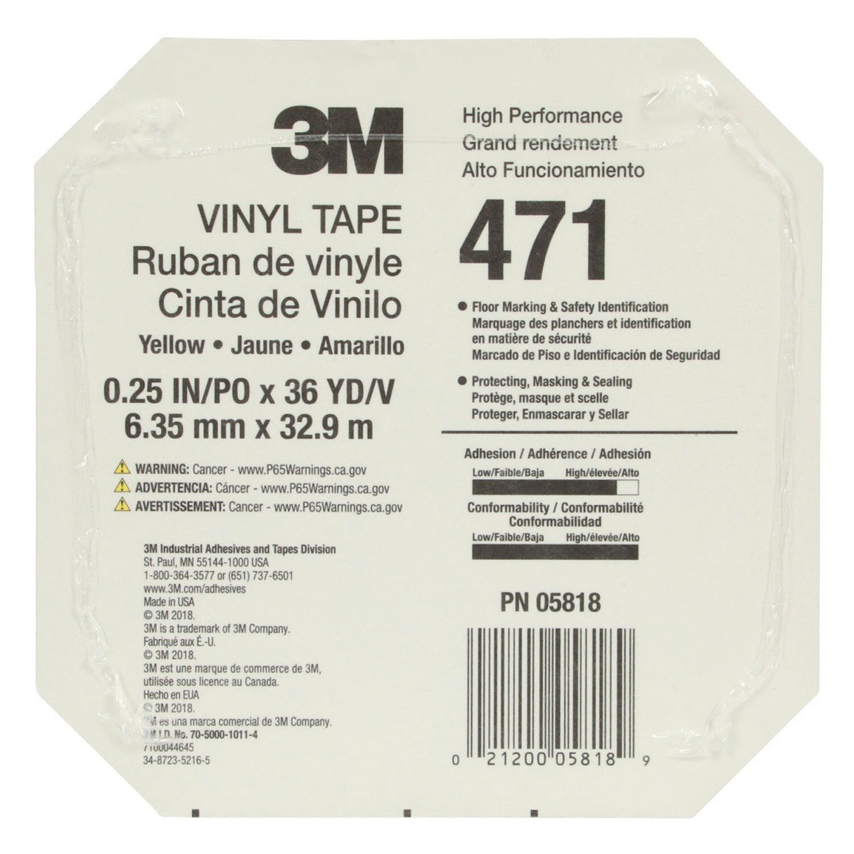 3M 471 Vinyl Tape Yellow 1/4 in x 36 yd (31840) (7100049780) (144Pack) - 9