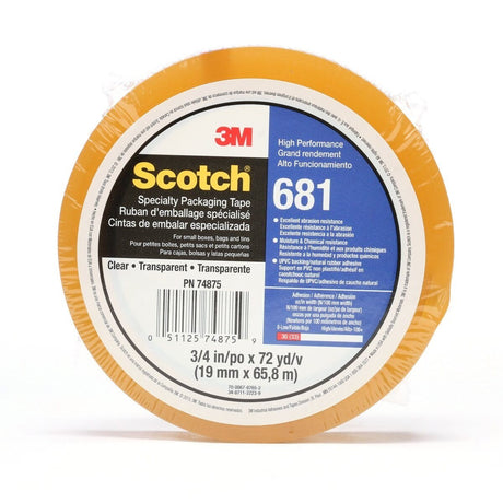 3M 681 Scotch Light Duty Packaging Tape, Clear, Moisture and Chemical Resistant, 3 in x 72 yd (7100053231) (12 Pack)