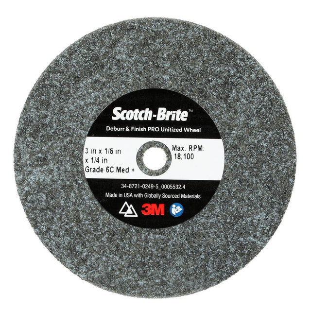 3M DP-UW Scotch-Brite Deburr and Finish PRO Unitized Wheel, 6C Medium+, Gray, 3 in x 1/8 in x 1/4 in Center Hole (7100053418) (40 Pack)