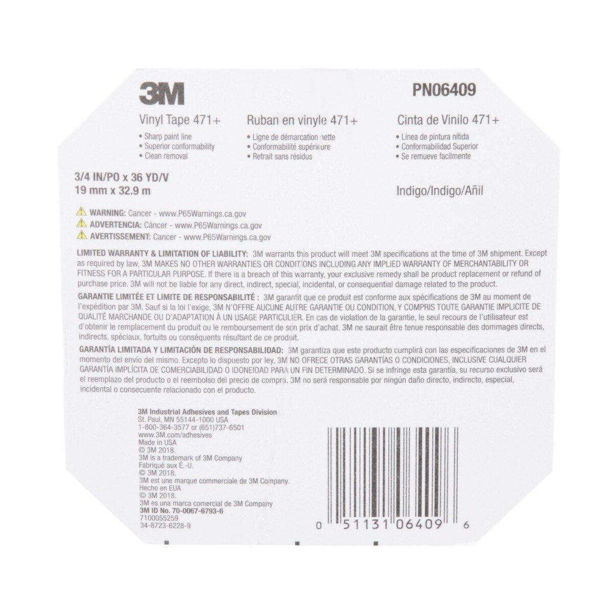 3M 471+ Vinyl Tape, Indigo, 3/4 in x 36 yd, 5.2 mil (PN06409) (7100055259) (12 Pack) - 9