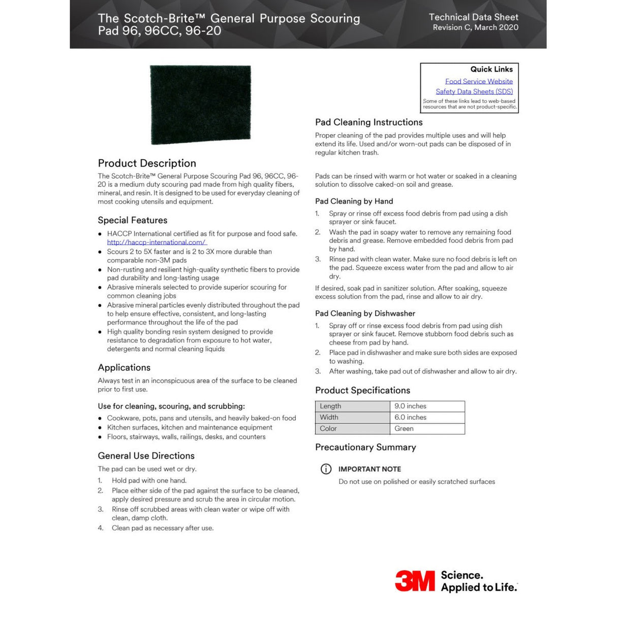 3M 96-20 Scotch-Brite General Purpose Scouring Pad, Medium Duty, Dark Green, 6 in x 9 in (7100057470) (20 Pack) - 2