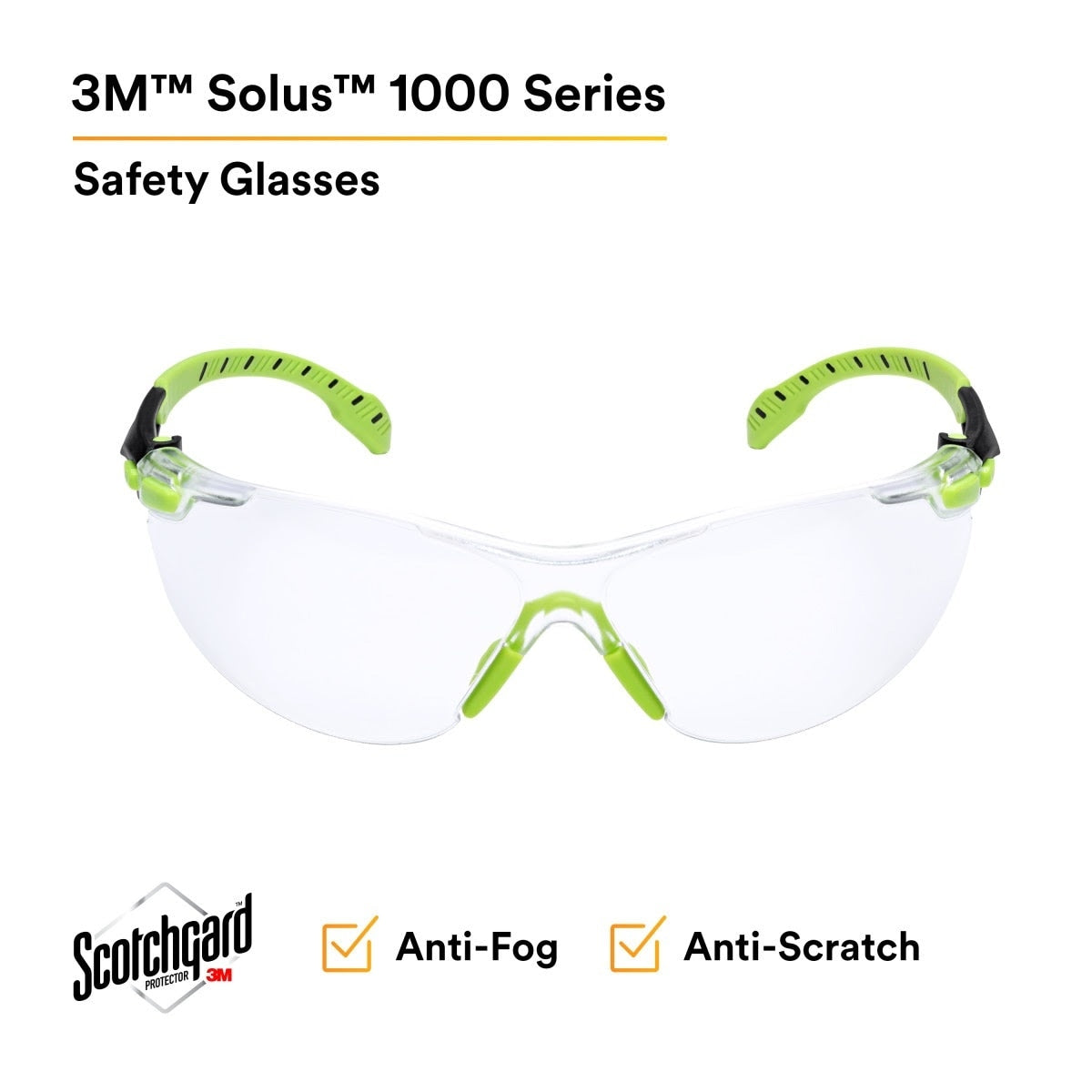 3M S1201SGAF Solus 1000 Safety Glasses, Clear Polycarbonate Lens, Scotchgard Anti-Fog Anti-Scratch, Green/Black Half-Frame, Padded Temples, Soft Nosebridge, ANSI Z87.1 UV Protection (7100079049) (20 Pack) - 3