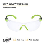 3M S1201SGAF Solus 1000 Safety Glasses, Clear Polycarbonate Lens, Scotchgard Anti-Fog Anti-Scratch, Green/Black Half-Frame, Padded Temples, Soft Nosebridge, ANSI Z87.1 UV Protection (7100079049) (20 Pack) - 3