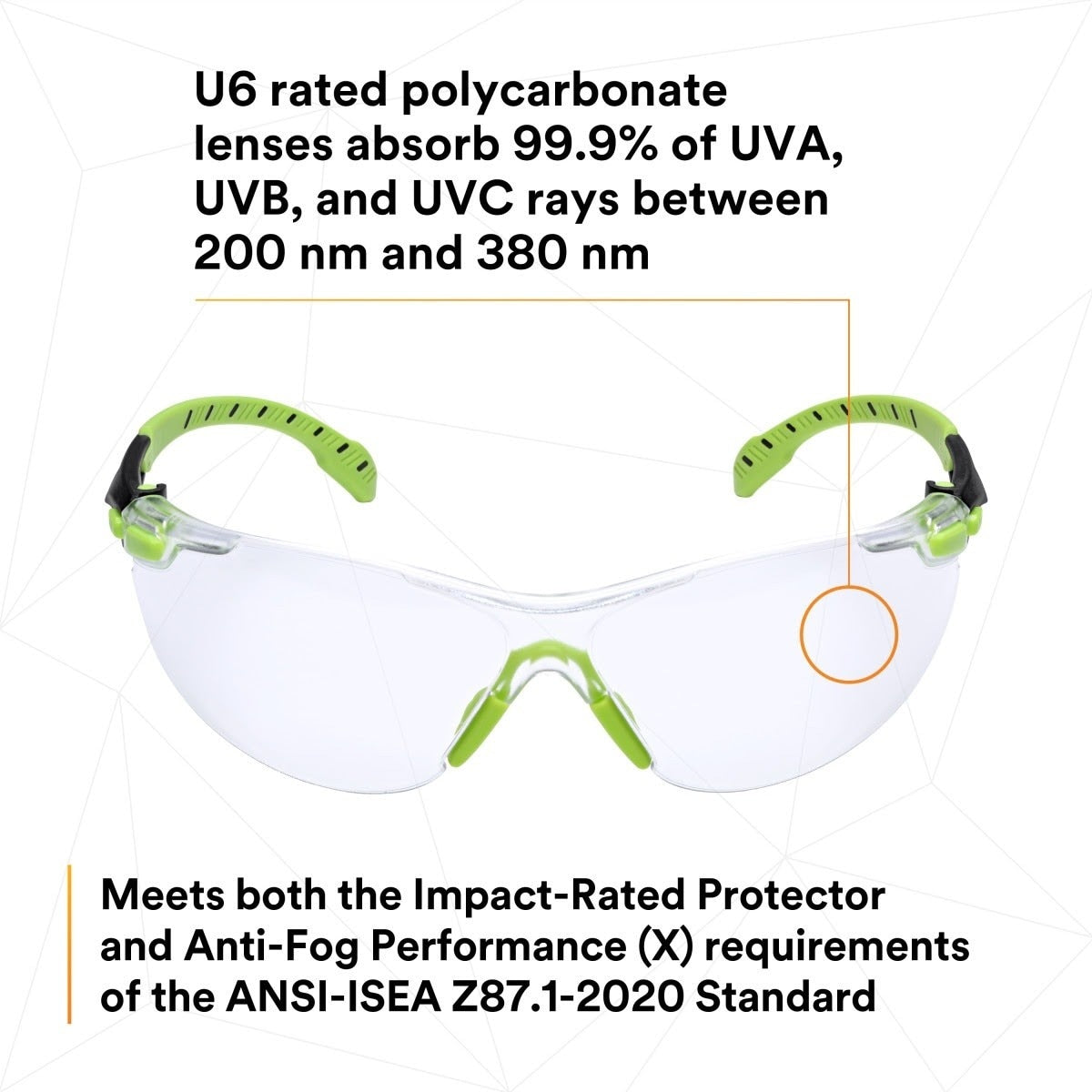 3M S1201SGAF Solus 1000 Safety Glasses, Clear Polycarbonate Lens, Scotchgard Anti-Fog Anti-Scratch, Green/Black Half-Frame, Padded Temples, Soft Nosebridge, ANSI Z87.1 UV Protection (7100079049) (20 Pack) - 7