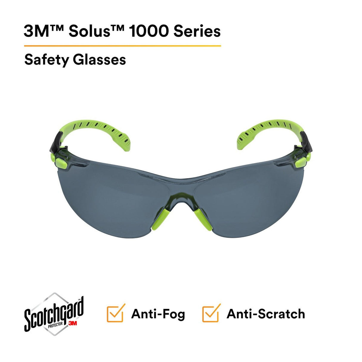 3M S1202SGAF Solus 1000 Series Safety Glasses, Scotchgard Anti-Fog, Gray Lens, Green/Black Frame, ANSI Z87.1, UV Protection (7100079180) (20 Pack) - 3
