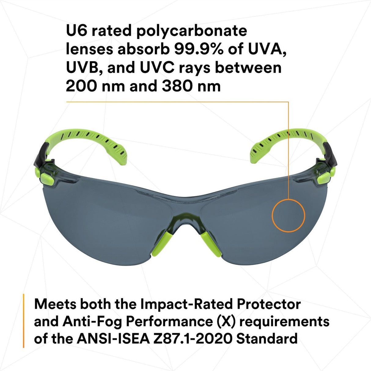 3M S1202SGAF Solus 1000 Series Safety Glasses, Scotchgard Anti-Fog, Gray Lens, Green/Black Frame, ANSI Z87.1, UV Protection (7100079180) (20 Pack) - 6
