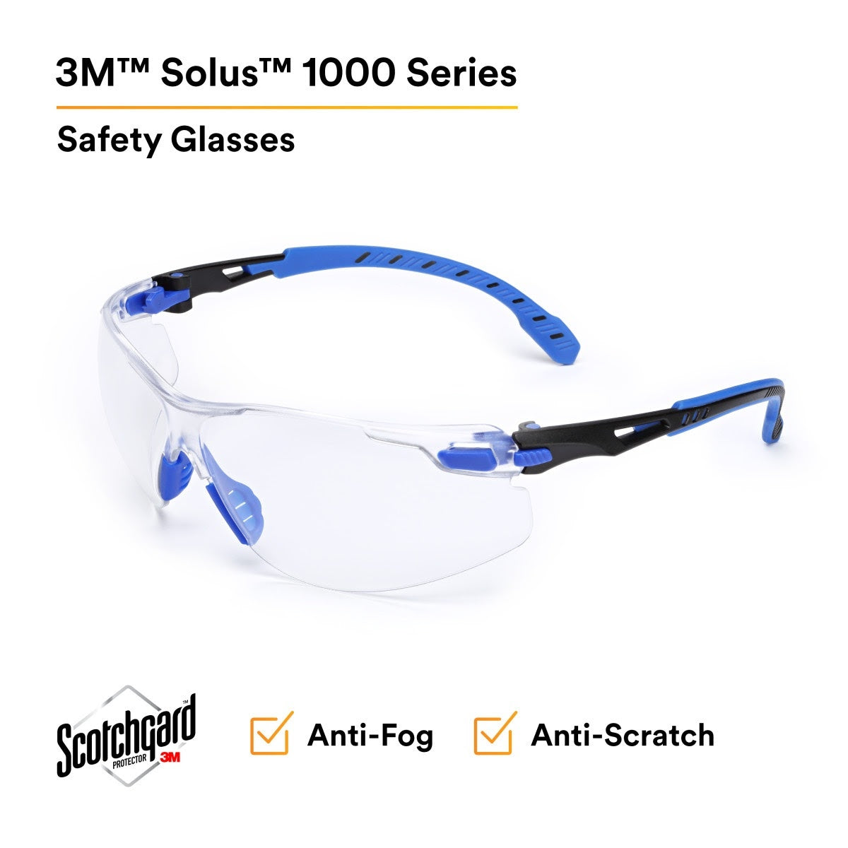 3M S1101SGAF Solus Safety Glasses, 1000 Series, Clear Lens, Blue/Black Frame, ANSI Z87 Impact Rated, Anti-Fog (7100079183) - 5
