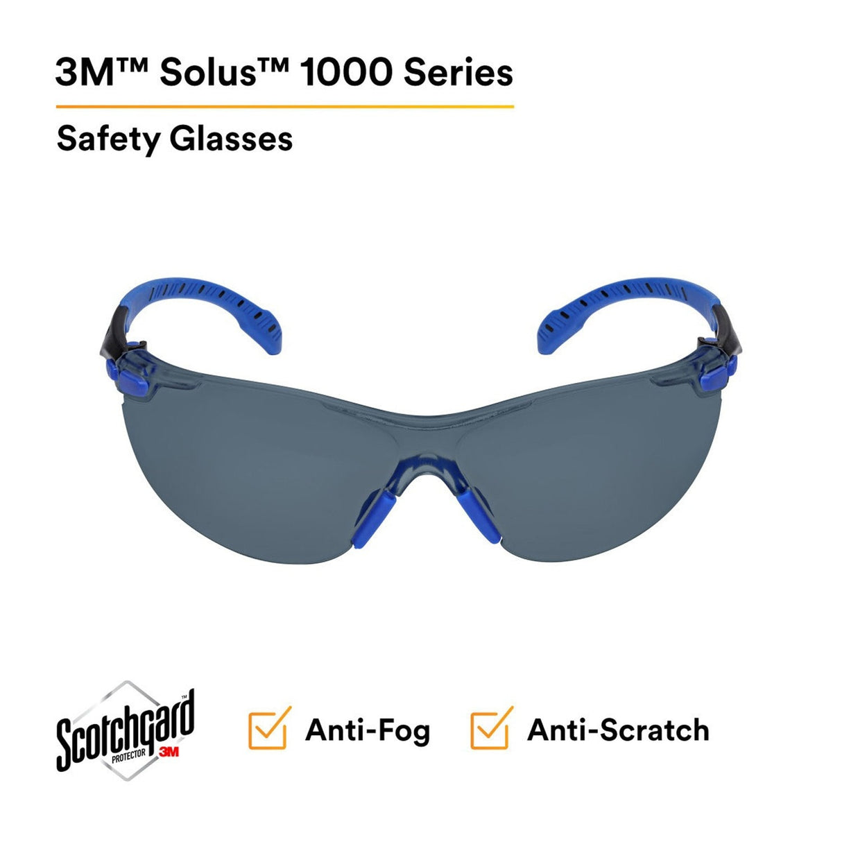 3M S1102SGAF Solus 1000 Series Safety Glasses, Gray Lens, Blue/Black Frame, Scotchgard Anti-Fog, ANSI Z87 UV Protection (7100079184) (20 Pack) - 3