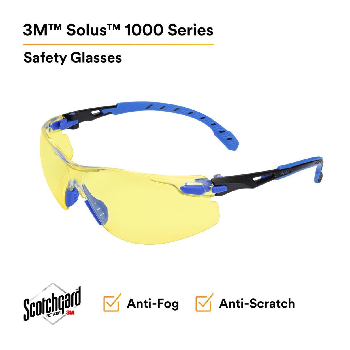3M S1103SGAF Solus Safety Glasses 1000 Series Anti-Fog Amber Lens Blue/Black Frame ANSI Z87.1 (7100079185) (20 Pack) - 3