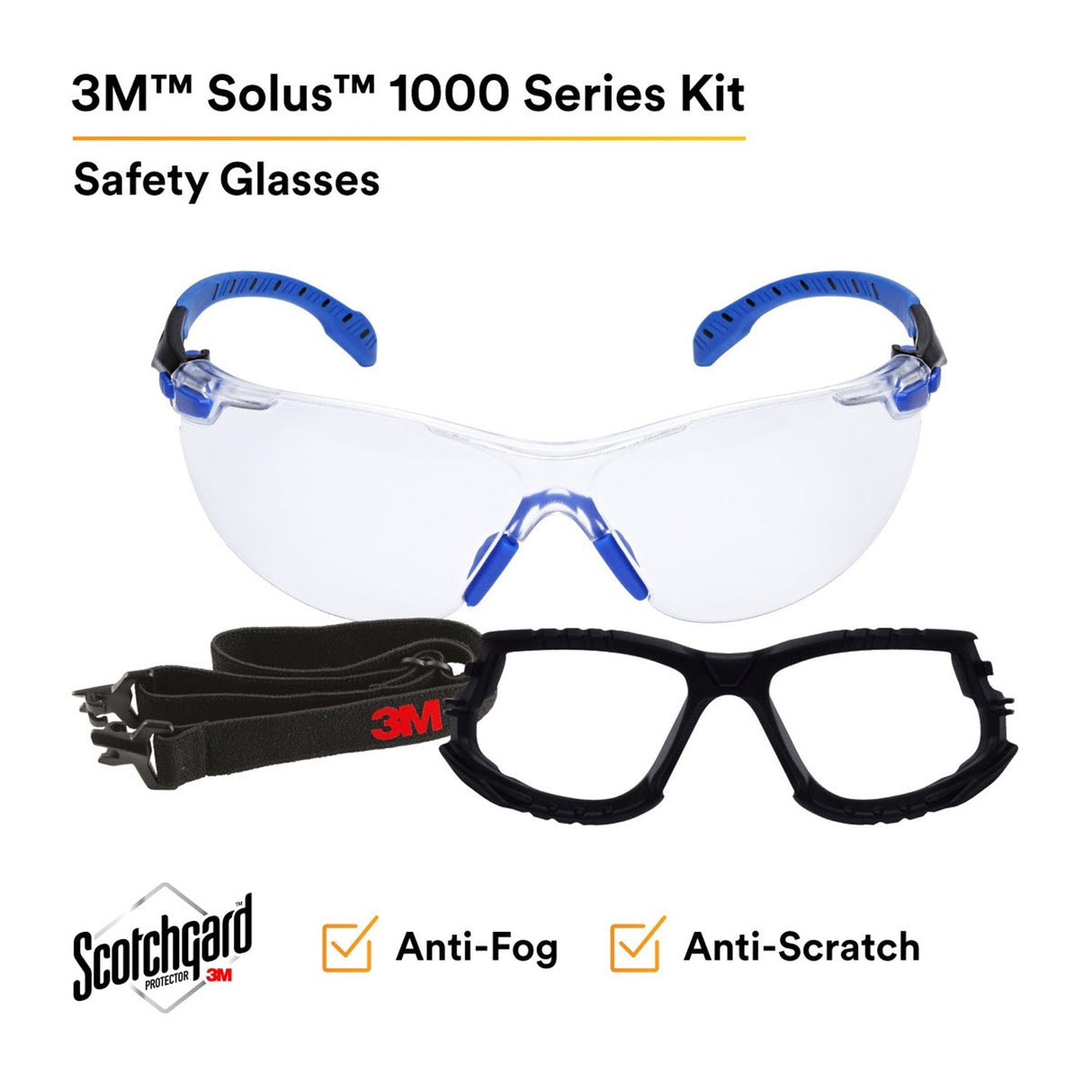 3M Solus Safety Glasses 1000 Series Scotchgard Anti-Fog Clear Lens Blue/Black Frame Removable Foam Gasket and Strap (27189) (7100079186) (20 Pack) - 5