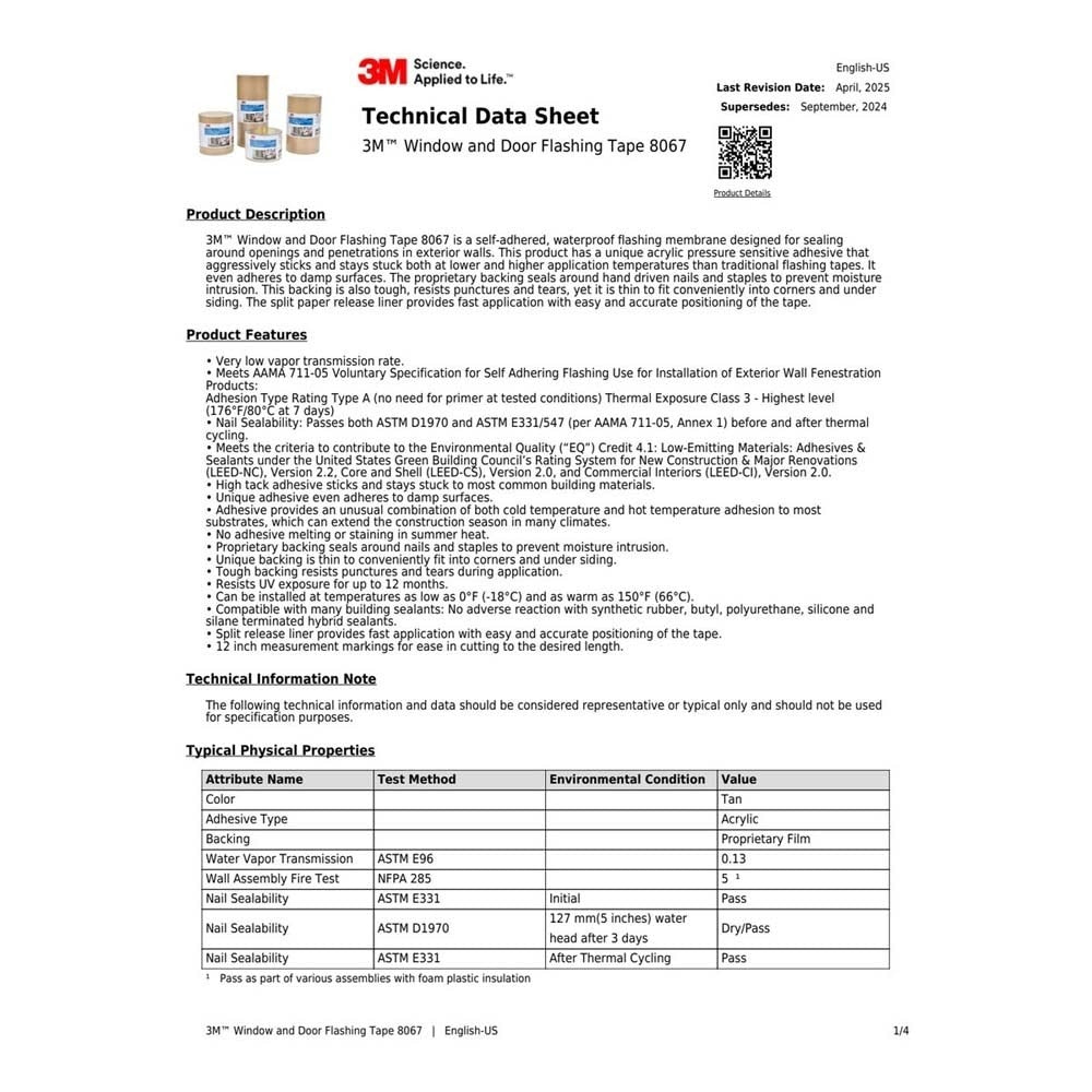 3M 7100079743 All Weather Flashing Tape 8067, Tan, 12 in x 75 ft, Slit Liner (2-10 Slit) - 4