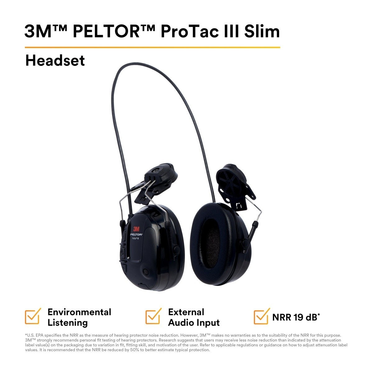 3M MT13H220P3E PELTOR ProTac III Slim Hard Hat Mounted Electronic Hearing Protector with 3.5mm Input Black (7100088455) (10 Pack) - 2