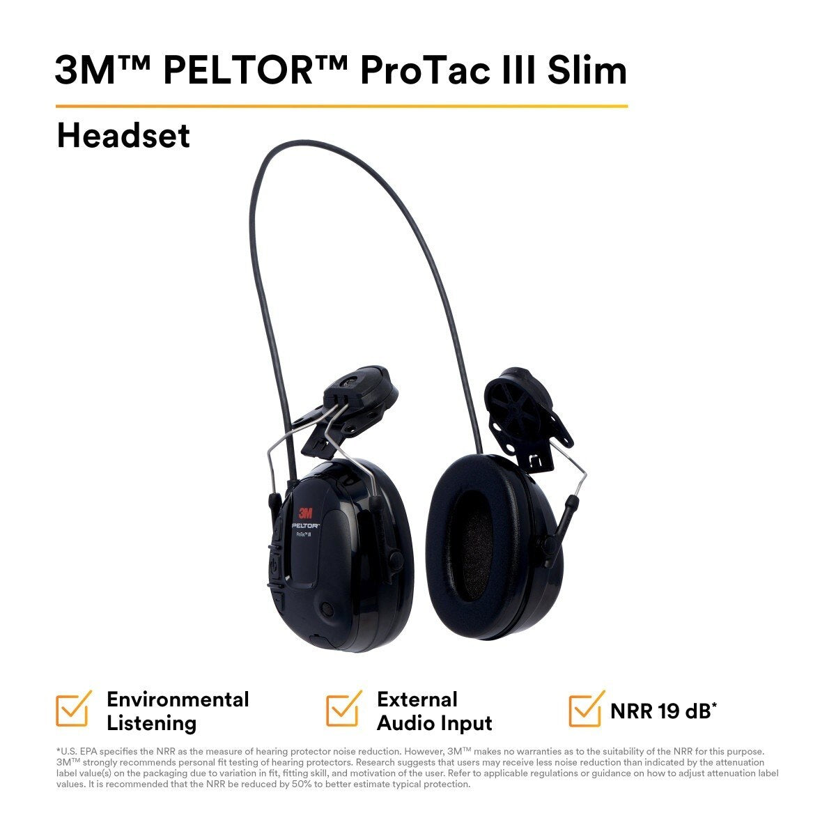 3M MT13H220P3E PELTOR ProTac III Slim Hard Hat Mounted Electronic Hearing Protector with 3.5mm Input Black (7100088455) - 2
