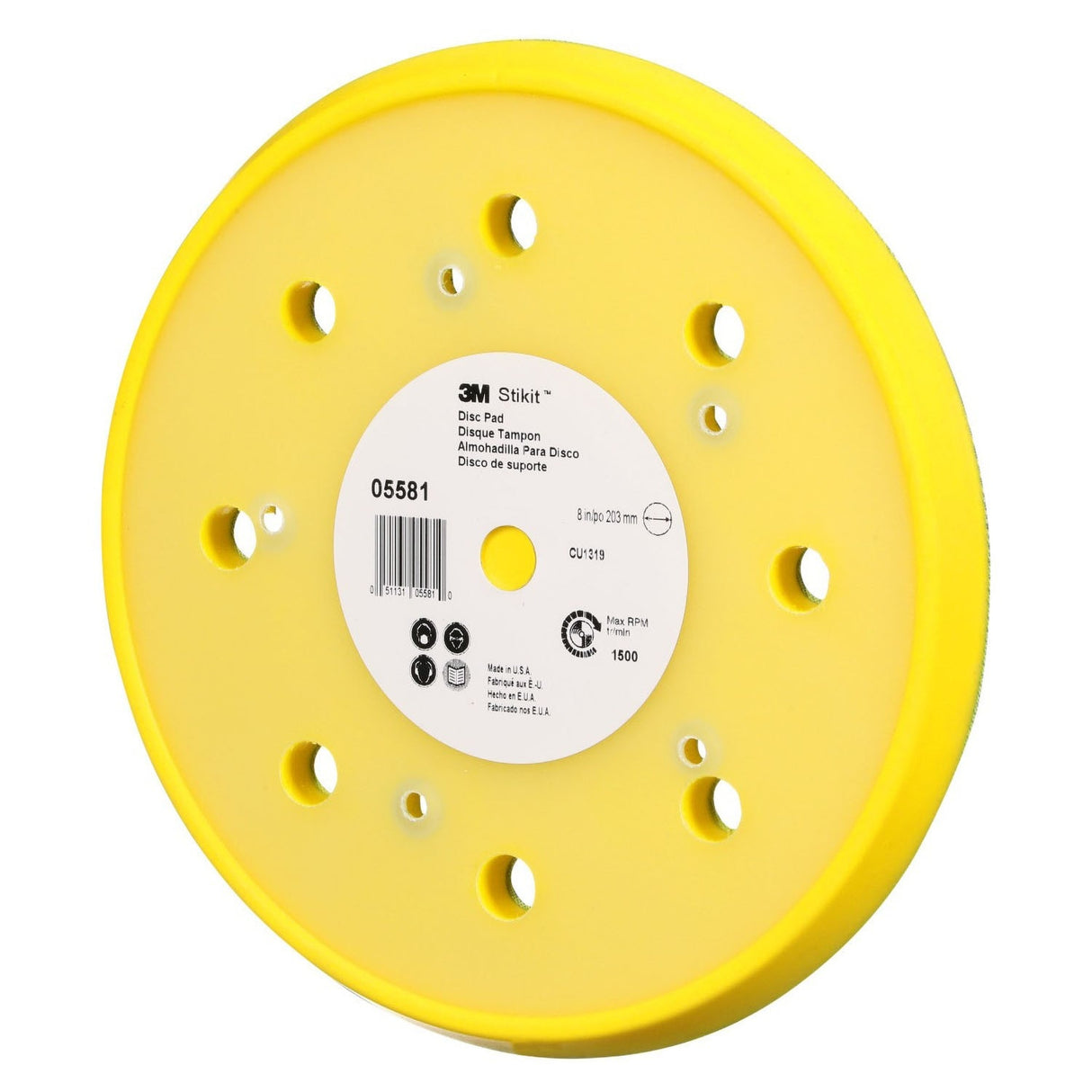 3M 05581 Stikit Abrasive Disc Back-up Pad, Dust Free, PSA, Yellow, 8 in (7100089474) - 2