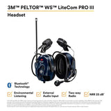 3M 7100099586 PELTOR WS LiteCom PRO III Headset, Hard Hat Attached, Professional Grade Durability, Wireless Two-Way Communication Radio, Bluetooth, Boom Microphone, Navy Blue, MT73H7P3E4D10 - 2