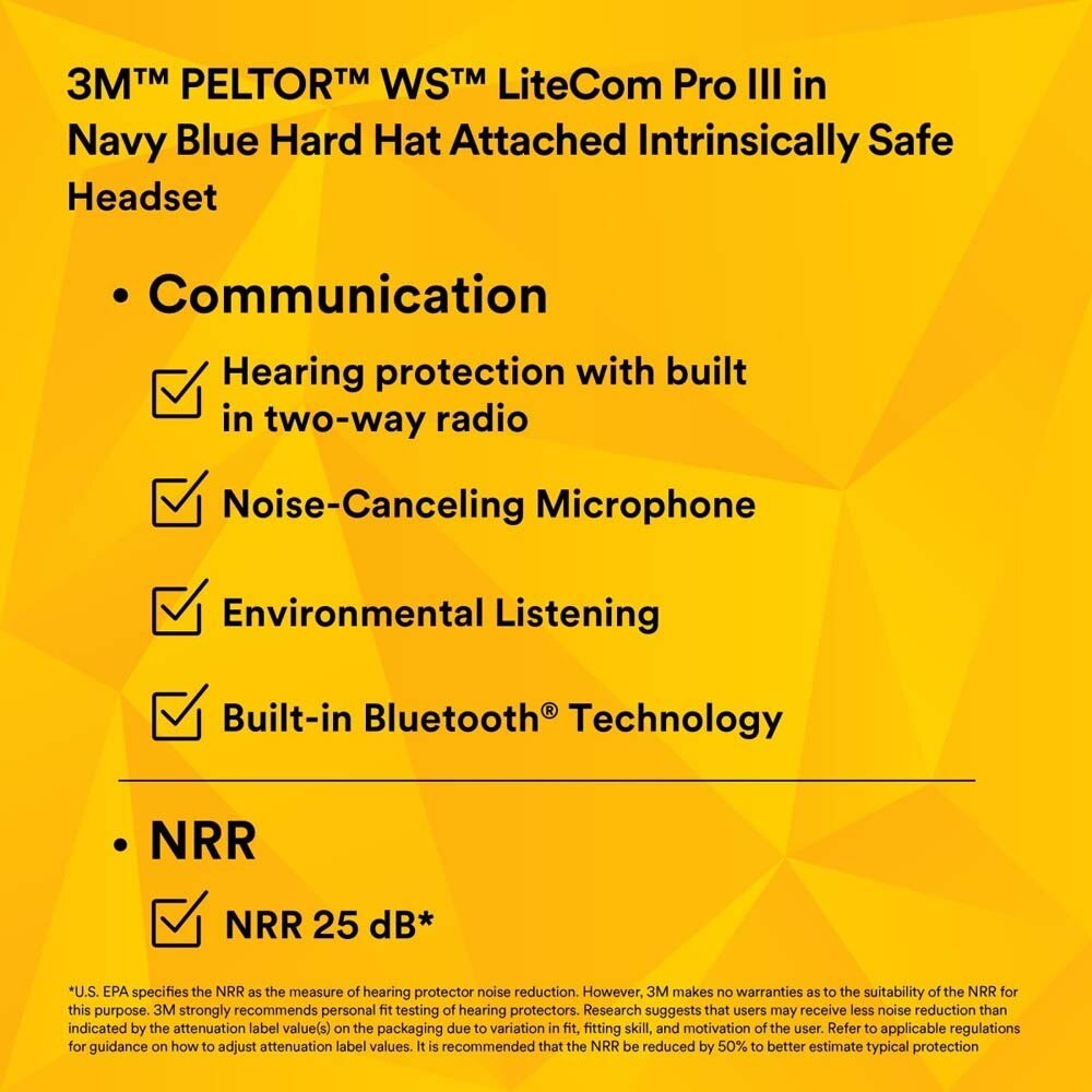 3M 7100099785 PELTOR WS LiteCom PRO III Headset, Intrinsically Safe, Hard Hat Attached, Professional Grade Durability, Wireless Two-Way Communication Radio, Bluetooth, Boom Microphone, Blue, MT73H7P3E4D10NA-50 - 3
