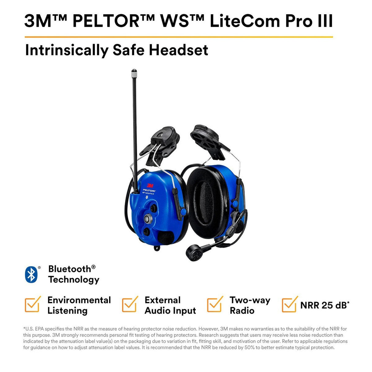 3M MT73H7P3E4D10NA-50 PELTOR WS LiteCom PRO III Headset, Intrinsically Safe, Hard Hat Attached, Professional Grade Durability, Wireless Two-Way Communication Radio, Bluetooth, Boom Microphone, Blue, (7100099785) - 7