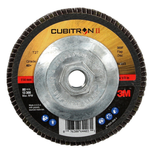 3M 969F Cubitron II Flap Disc, 40+, T27 Quick Change, Precision Shaped Ceramic, Maroon, 4-1/2 in x 5/8 in-11 (64403) (7100104919) (10 Pack)