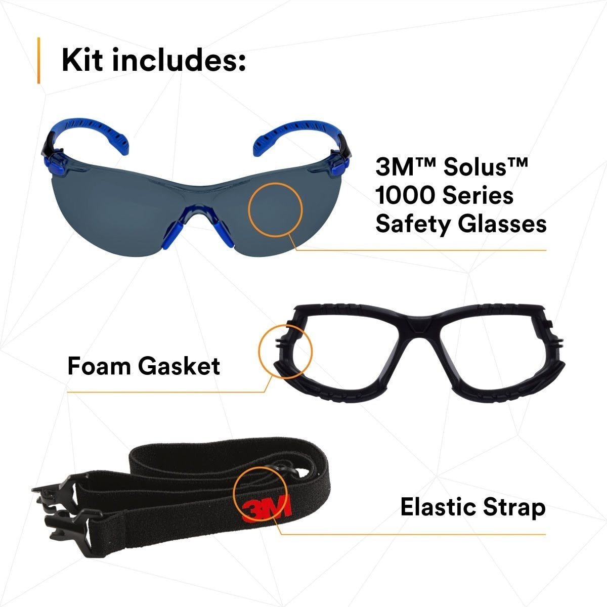 3M S1102SGAF-KT Solus 1000-Series Safety Glasses Kit with Foam Gasket and Elastic Strap, Gray Anti-Fog Lens, Blue Black Frame (7100105846) (20 Pack) - 3