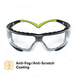 3M SF401AF-FM SecureFit 400 Safety Glasses, Clear Anti-Fog Anti-Scratch Polycarbonate Lens, Green/Black Frame, Foam Gasket, Z87 UV Protection (7100112131) (1 Pair) (20 Pack) - 3