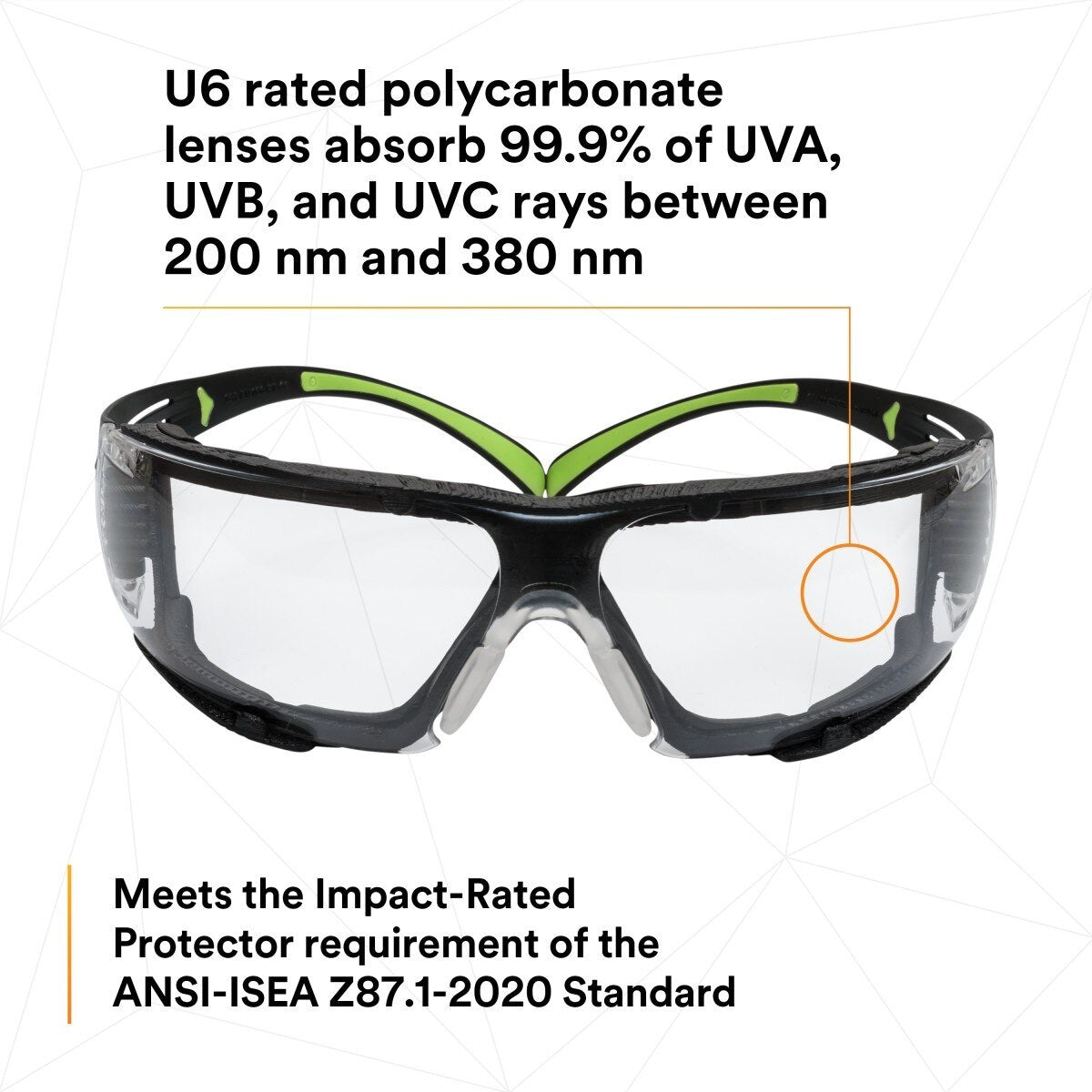 3M SF410AS-FM SecureFit Safety Glasses, Indoor/Outdoor Mirror Anti-Scratch Lens, Green/Black Frame, Removable Foam Gasket, ANSI Z87 UV Protection (7100112223) (20 Pack) - 6