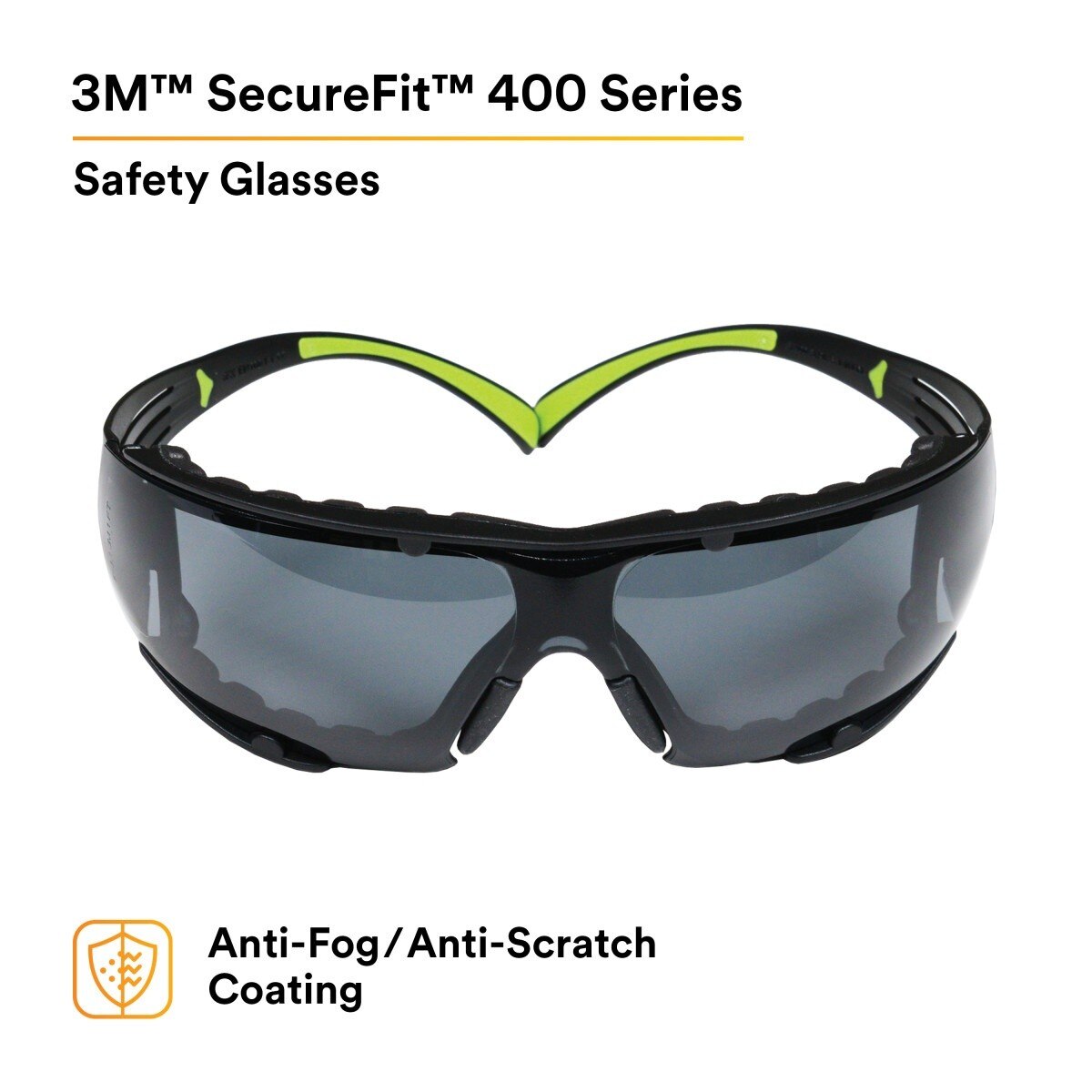 3M SecureFit Safety Glasses, Z87 Plus Anti-Fog Anti-Scratch Gray Lens, Green Black Frame, Removable Foam Gasket, Polycarbonate, UV Protection (SF402AF-FM) (7100112244) (20 Pack) - 2