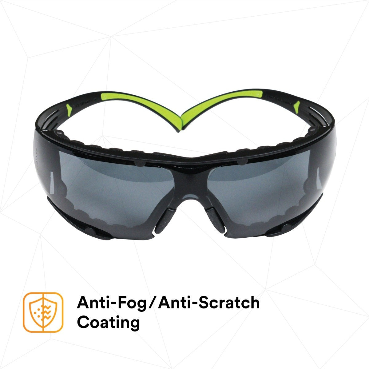 3M SecureFit Safety Glasses, Z87 Plus Anti-Fog Anti-Scratch Gray Lens, Green Black Frame, Removable Foam Gasket, Polycarbonate, UV Protection (SF402AF-FM) (7100112244) (20 Pack) - 3