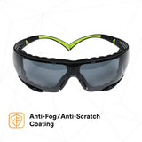 3M SecureFit Safety Glasses, Z87 Plus Anti-Fog Anti-Scratch Gray Lens, Green Black Frame, Removable Foam Gasket, Polycarbonate, UV Protection (SF402AF-FM) (7100112244) (20 Pack) - 3