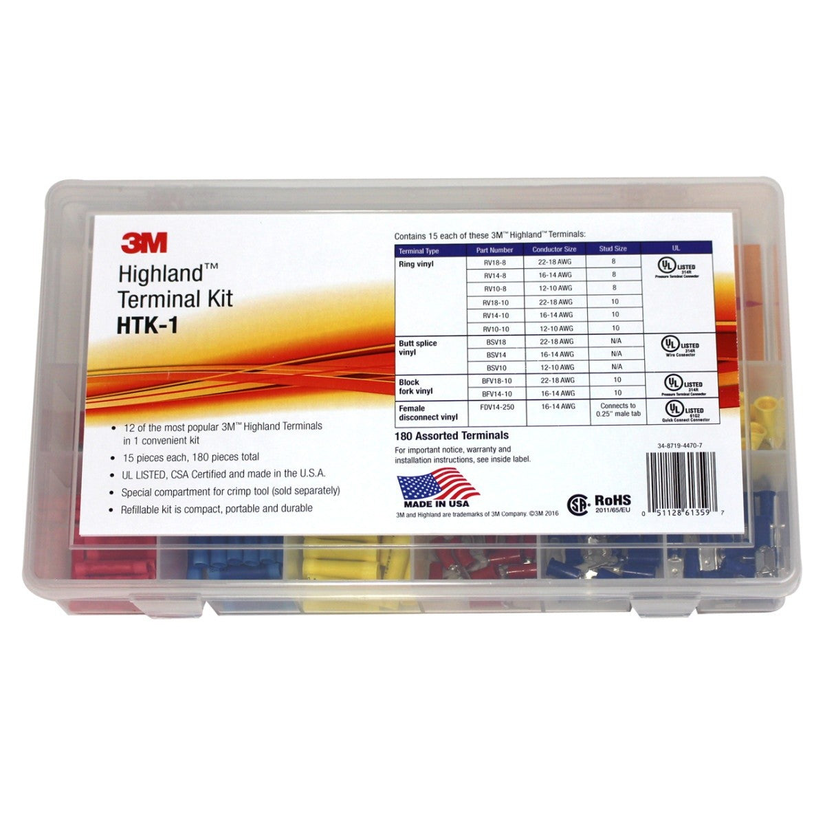 3M HTK-1 Highland Terminal Kit with vinyl insulated ring fork butt splice and disconnect terminals (7100112734) (180 Pieces) (4 Pack)