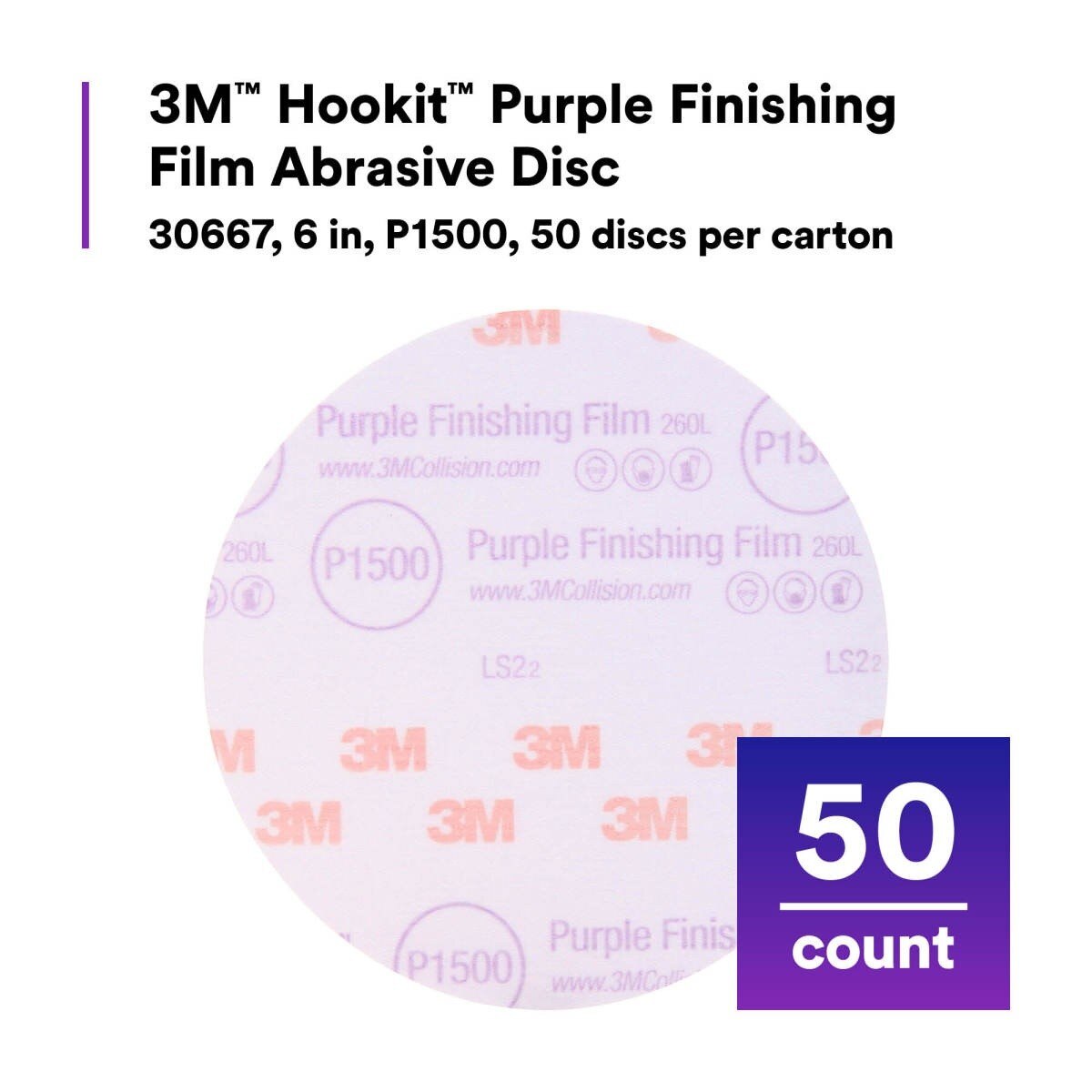 3M 260L 30667 Hookit Purple Finishing Film Abrasive Disc, P1500, Purple, 6 in (7100122795) (50 Pack) - 10