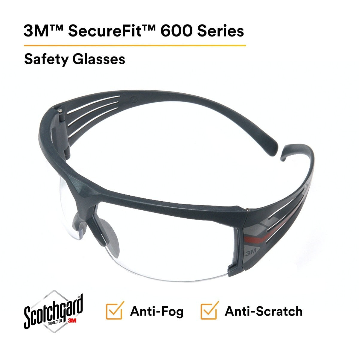 3M SF601SGAF SecureFit 600 Safety Glasses, ANSI Z87, Scotchgard Anti-Fog Clear Lens, Black Frame (7100128689) (20 Pack) - 2