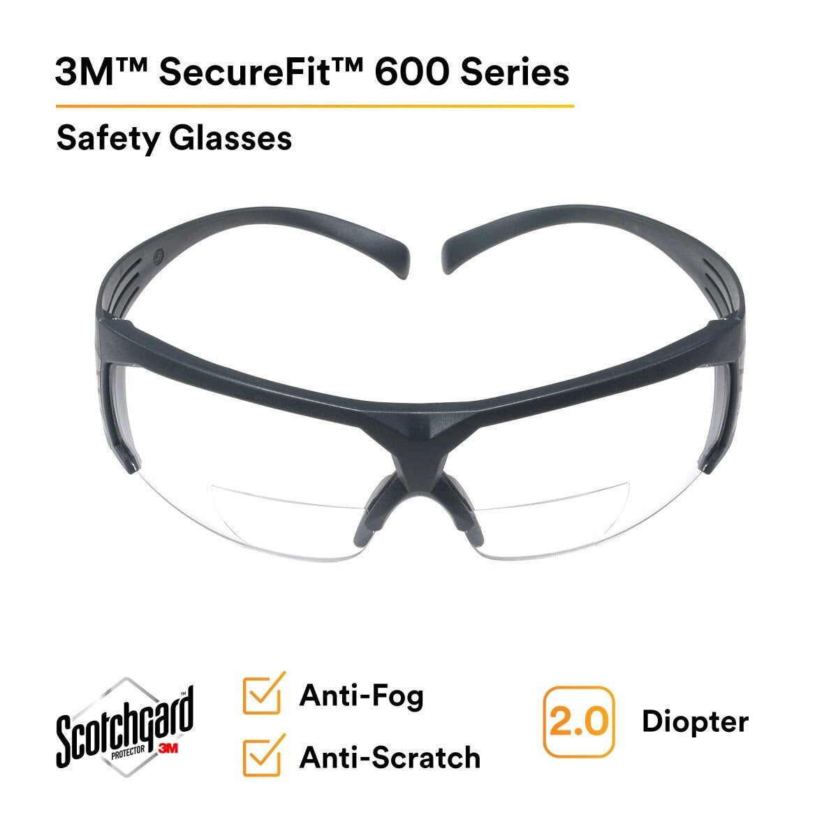 3M SF620SGAF SecureFit, Clear Scotchgard Anti-fog Lens +2.0 Diopter (7100132359) (20 Pack) - 2
