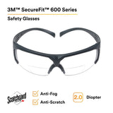3M SF620SGAF SecureFit, Clear Scotchgard Anti-fog Lens +2.0 Diopter (7100132359) (20 Pack) - 2