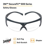 3M SF625SGAF SecureFit Safety Glasses, Clear Scotchgard Anti Fog Anti Scratch Lens, +2.5 Diopter, Gray Temples (7100132360) (20 Pack) - 2