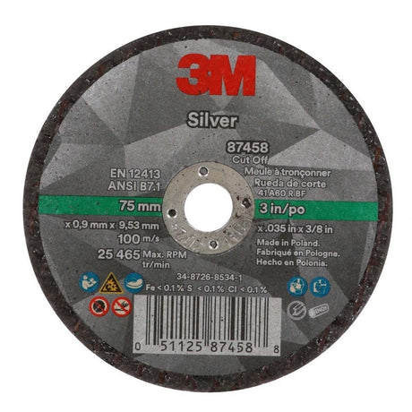 3M 87458 Silver Cut-Off Wheel T1, 3 in x .035 in x 3/8 in for Pipe Cutting on Stainless and Mild Steel (7100139208) (25 Pack)