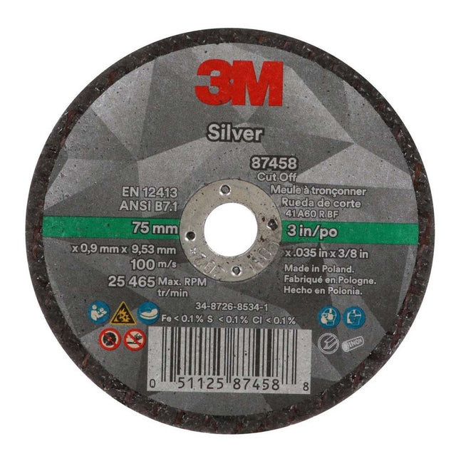 3M 87458 Silver Cut-Off Wheel T1, 3 in x .035 in x 3/8 in for Pipe Cutting on Stainless and Mild Steel (7100139208) (25 Pack)